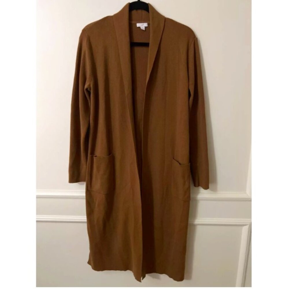 J. JILL Olive Brown Long Open Duster Robe Cardigan Sweater Cotton Wool